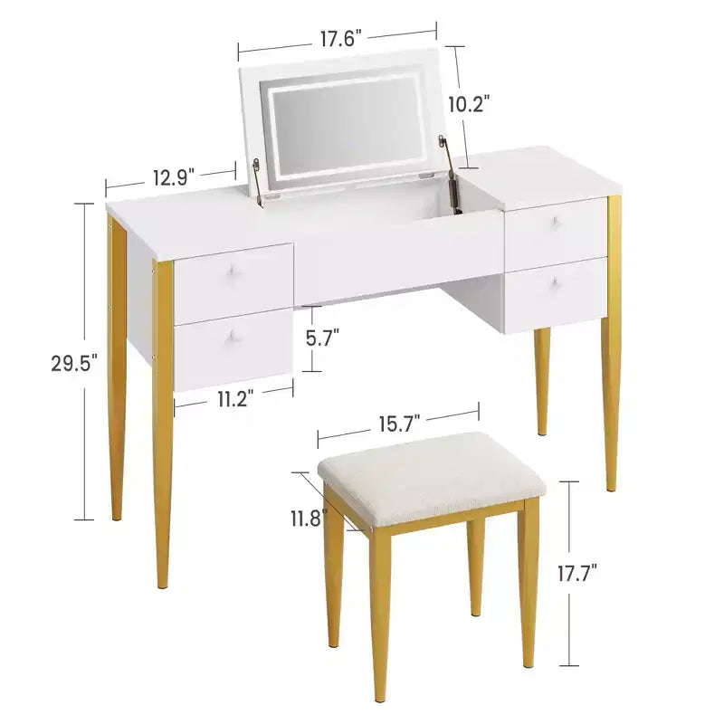 Coiffeuse avec miroir éclairé et tabouret, 3-en-1 Table de maquillage avec miroir lumineux, 3 modes d'éclairage, Coiffeuse à plateau relevable avec tabouret