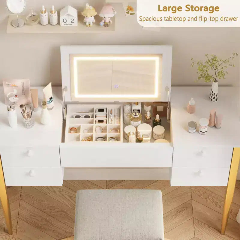 Coiffeuse avec miroir éclairé et tabouret, 3-en-1 Table de maquillage avec miroir lumineux, 3 modes d'éclairage, Coiffeuse à plateau relevable avec tabouret