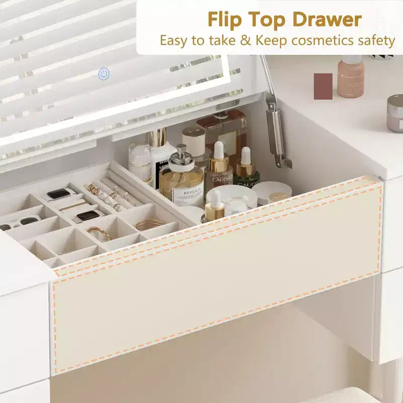 Coiffeuse avec miroir éclairé et tabouret, 3-en-1 Table de maquillage avec miroir lumineux, 3 modes d'éclairage, Coiffeuse à plateau relevable avec tabouret