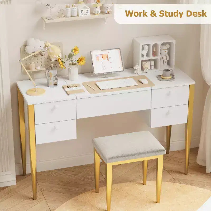 Coiffeuse avec miroir éclairé et tabouret, 3-en-1 Table de maquillage avec miroir lumineux, 3 modes d'éclairage, Coiffeuse à plateau relevable avec tabouret