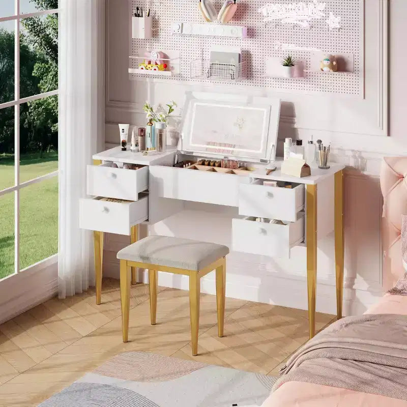 Coiffeuse avec miroir éclairé et tabouret, 3-en-1 Table de maquillage avec miroir lumineux, 3 modes d'éclairage, Coiffeuse à plateau relevable avec tabouret