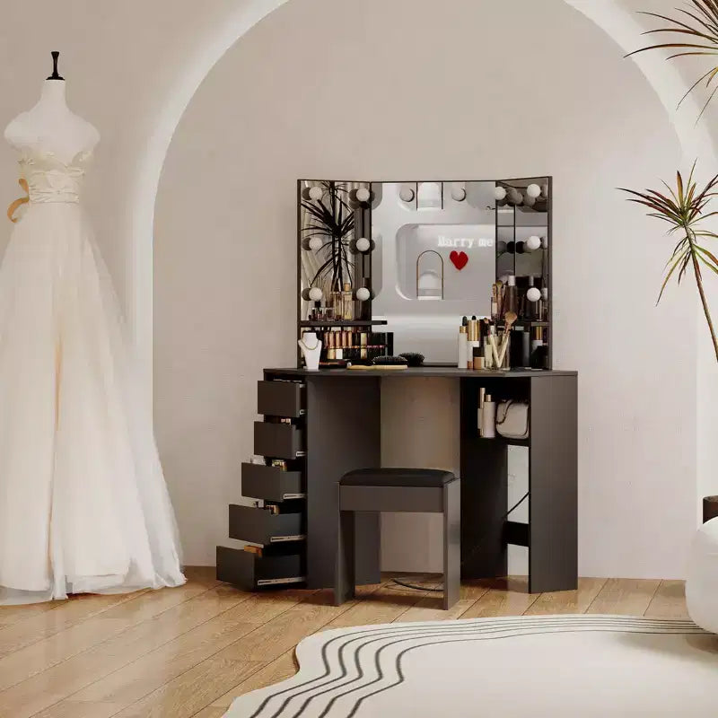 Coiffeuse d'angle avec tabouret, Coiffeuse d'angle avec miroir et lumières, Coiffeuse de maquillage d'angle avec prise de courant, 3 couleurs de lumière