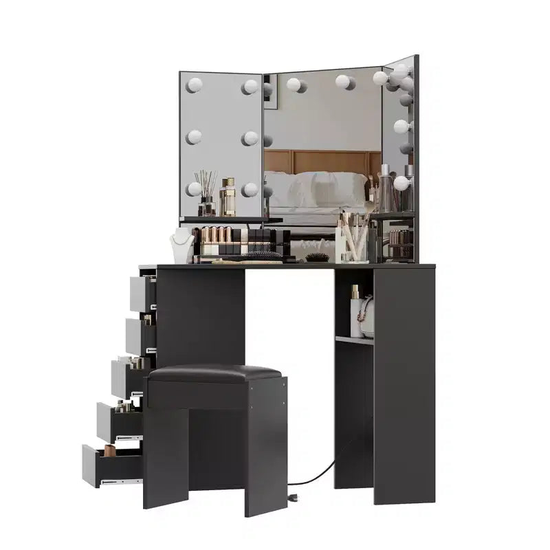 Coiffeuse d'angle avec tabouret, Coiffeuse d'angle avec miroir et lumières, Coiffeuse de maquillage d'angle avec prise de courant, 3 couleurs de lumière