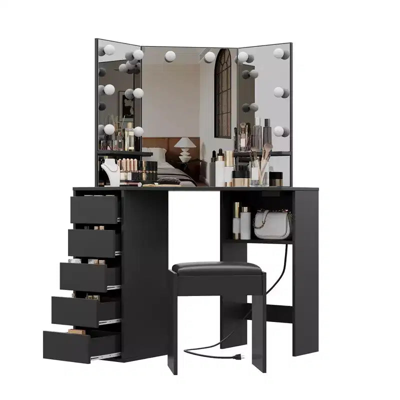 Coiffeuse d'angle avec tabouret, Coiffeuse d'angle avec miroir et lumières, Coiffeuse de maquillage d'angle avec prise de courant, 3 couleurs de lumière