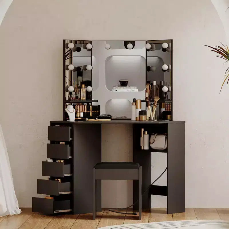 GustoWave Corner Vanity and Stool, Corner Vanity Desk with Mirror and Lights, Corner Makeup Vanity with Power Outlet, 3 Color Light