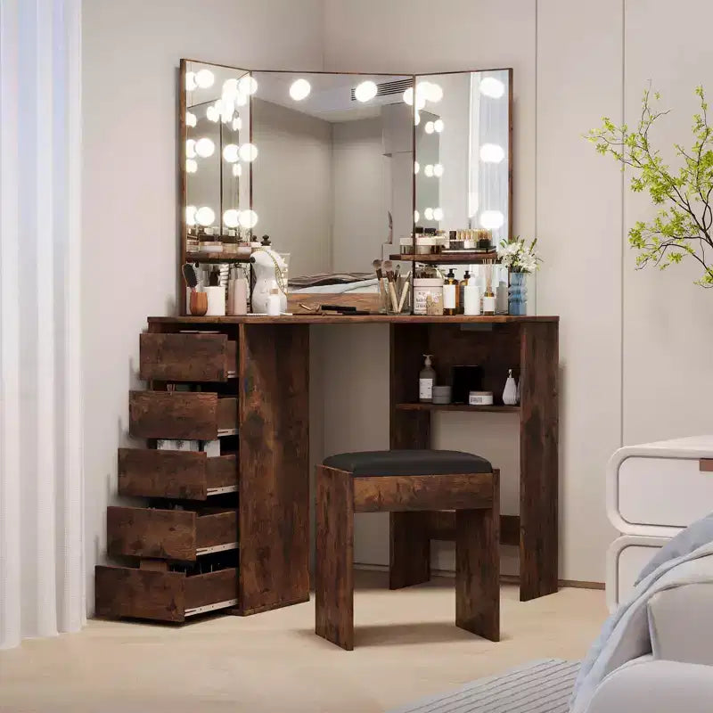 Coiffeuse d'angle avec tabouret, Coiffeuse d'angle avec miroir et lumières, Coiffeuse de maquillage d'angle avec prise de courant, 3 couleurs de lumière