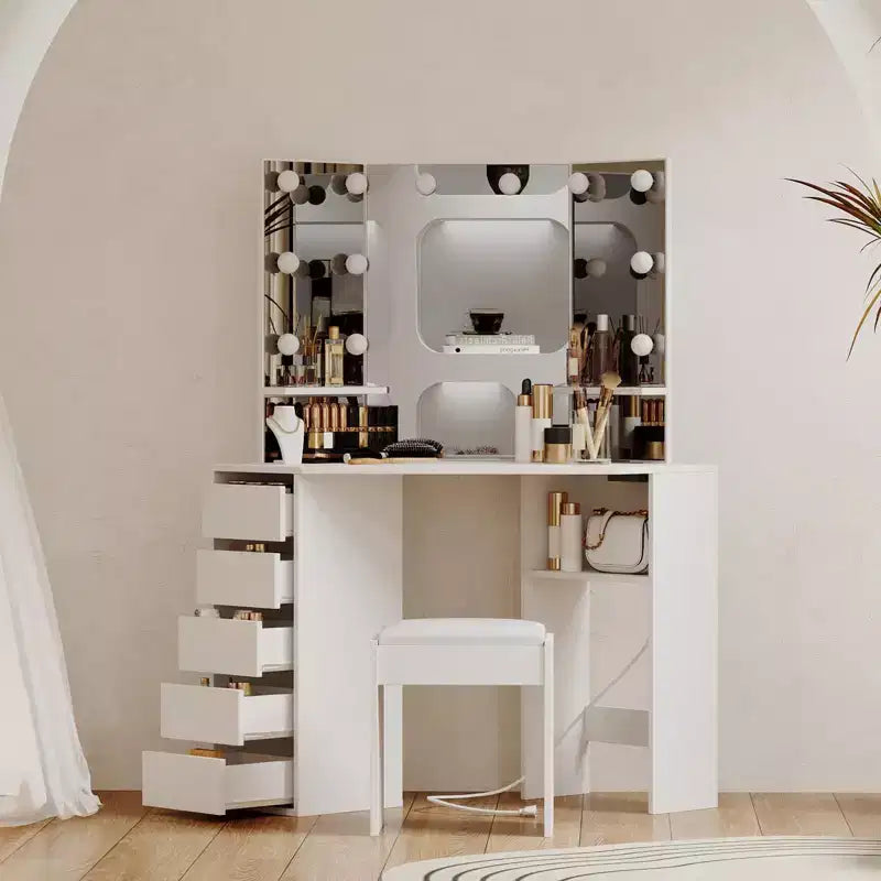 Coiffeuse d'angle avec tabouret, Coiffeuse d'angle avec miroir et lumières, Coiffeuse de maquillage d'angle avec prise de courant, 3 couleurs de lumière