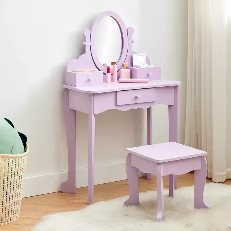 Coiffeuse Enfant avec Miroir et Tabouret, Table de Maquillage en Bois pour Filles de 4 à 9 Ans, Meuble de Chambre et Salle de Jeux pour Enfants