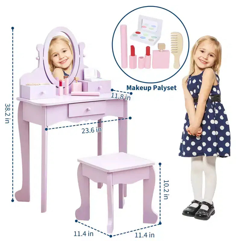 Coiffeuse Enfant avec Miroir et Tabouret, Table de Maquillage en Bois pour Filles de 4 à 9 Ans, Meuble de Chambre et Salle de Jeux pour Enfants