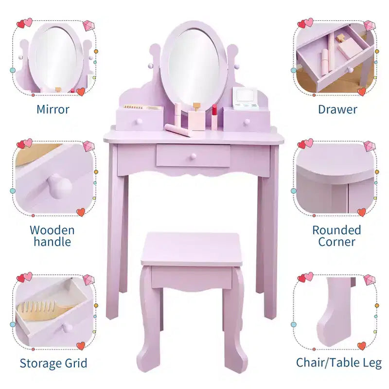 Coiffeuse Enfant avec Miroir et Tabouret, Table de Maquillage en Bois pour Filles de 4 à 9 Ans, Meuble de Chambre et Salle de Jeux pour Enfants