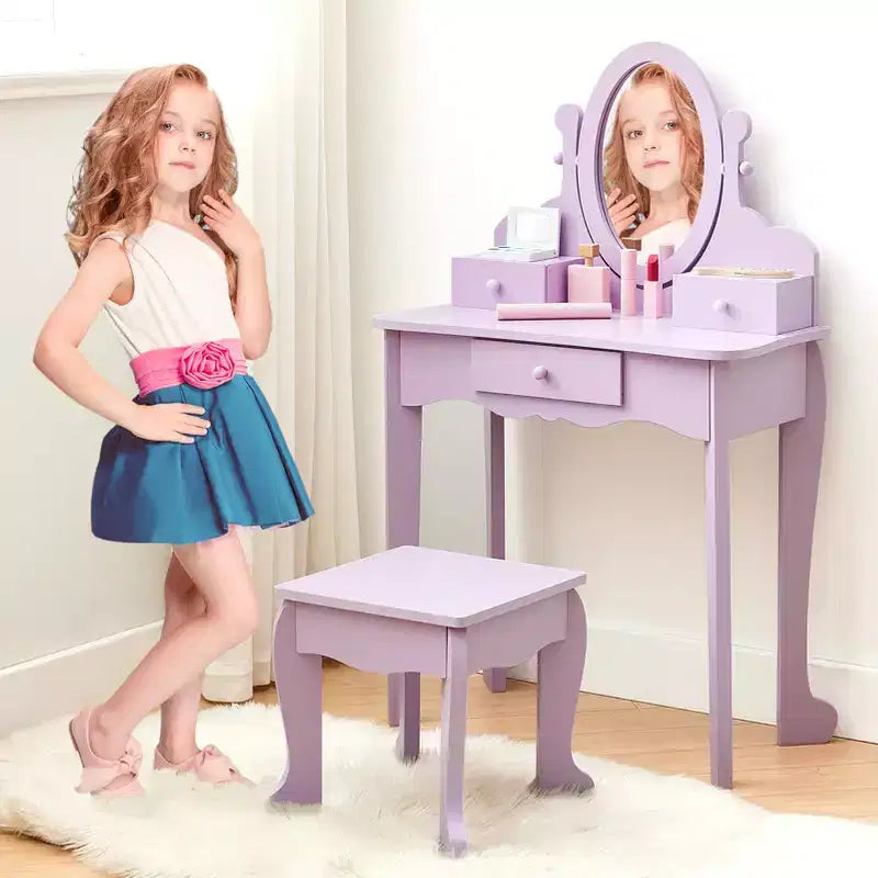 Coiffeuse Enfant avec Miroir et Tabouret, Table de Maquillage en Bois pour Filles de 4 à 9 Ans, Meuble de Chambre et Salle de Jeux pour Enfants