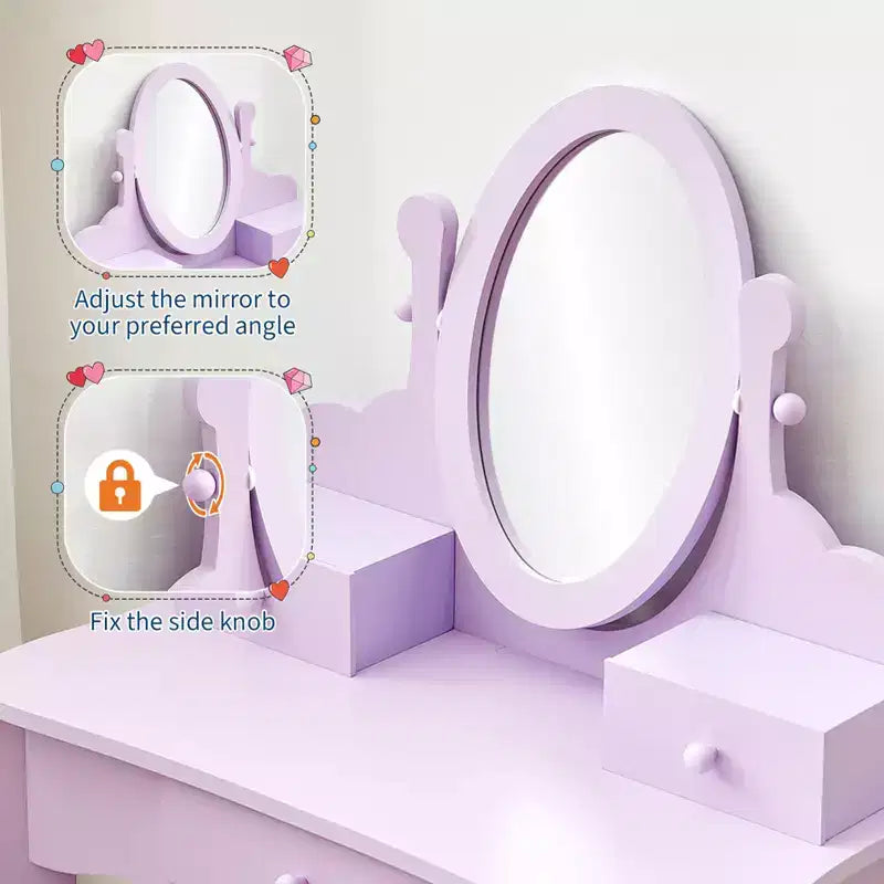 Coiffeuse Enfant avec Miroir et Tabouret, Table de Maquillage en Bois pour Filles de 4 à 9 Ans, Meuble de Chambre et Salle de Jeux pour Enfants