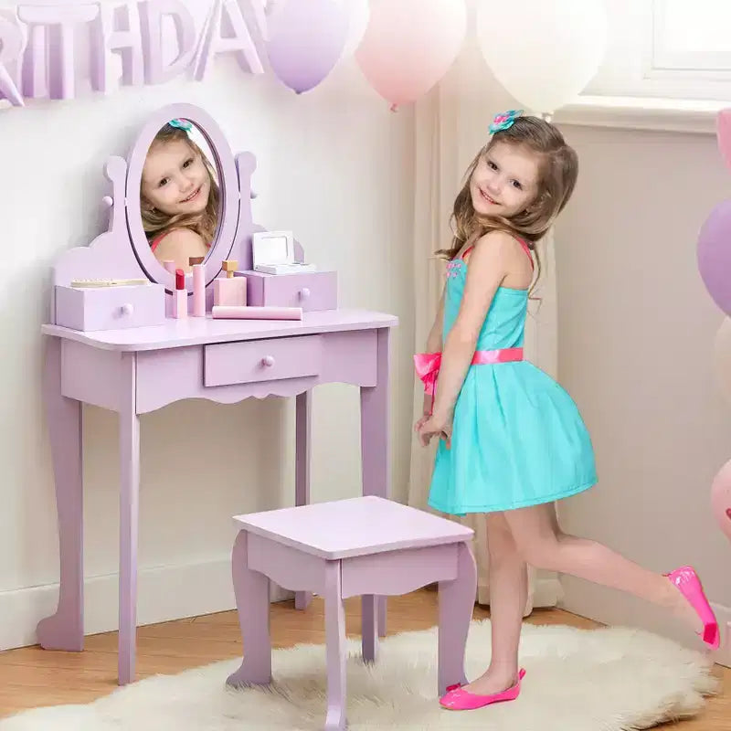 Coiffeuse Enfant avec Miroir et Tabouret, Table de Maquillage en Bois pour Filles de 4 à 9 Ans, Meuble de Chambre et Salle de Jeux pour Enfants