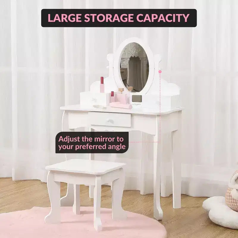 Coiffeuse Enfant avec Miroir et Tabouret, Table de Maquillage en Bois pour Filles de 4 à 9 Ans, Meuble de Chambre et Salle de Jeux pour Enfants