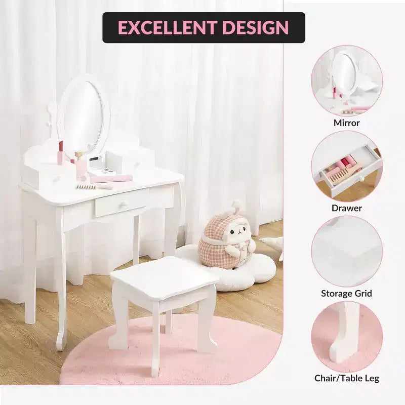 Coiffeuse Enfant avec Miroir et Tabouret, Table de Maquillage en Bois pour Filles de 4 à 9 Ans, Meuble de Chambre et Salle de Jeux pour Enfants