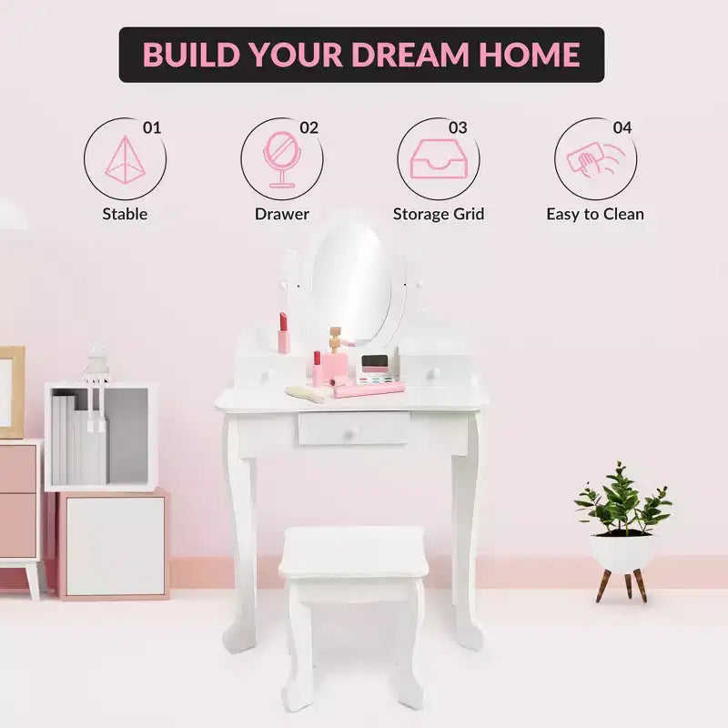 Coiffeuse Enfant avec Miroir et Tabouret, Table de Maquillage en Bois pour Filles de 4 à 9 Ans, Meuble de Chambre et Salle de Jeux pour Enfants