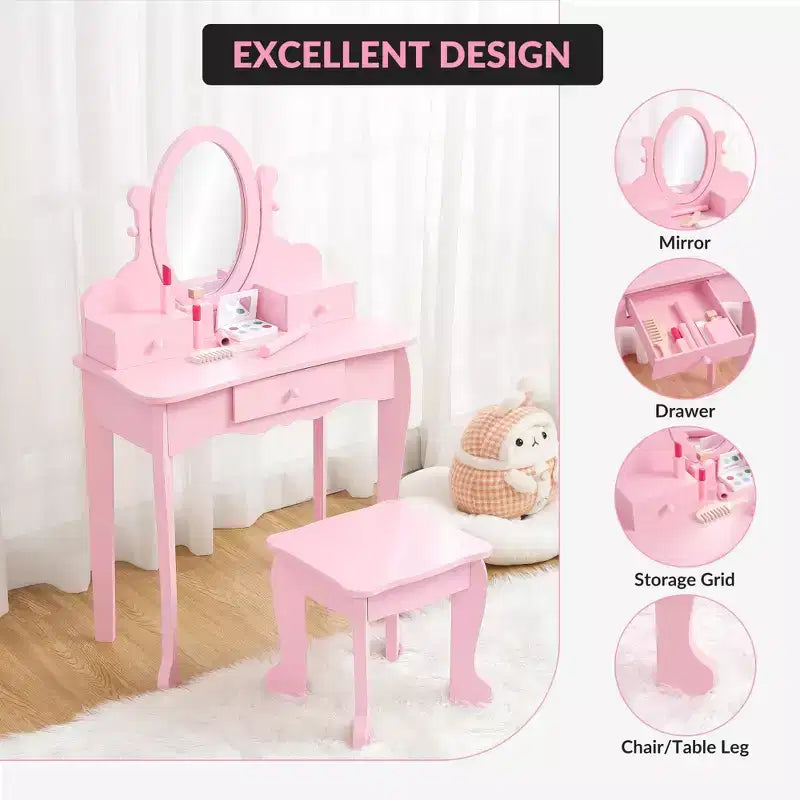 Coiffeuse Enfant avec Miroir et Tabouret, Table de Maquillage en Bois pour Filles de 4 à 9 Ans, Meuble de Chambre et Salle de Jeux pour Enfants
