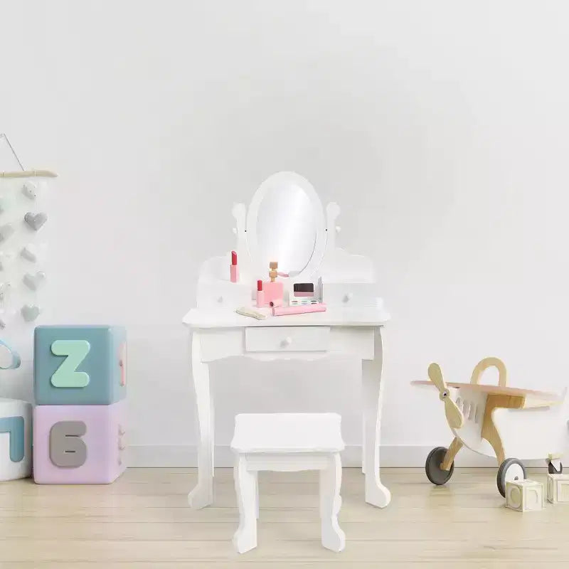 Coiffeuse Enfant avec Miroir et Tabouret, Table de Maquillage en Bois pour Filles de 4 à 9 Ans, Meuble de Chambre et Salle de Jeux pour Enfants