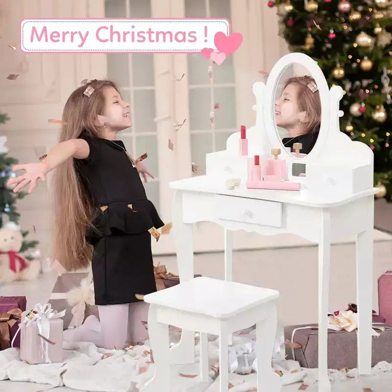 Coiffeuse Enfant avec Miroir et Tabouret, Table de Maquillage en Bois pour Filles de 4 à 9 Ans, Meuble de Chambre et Salle de Jeux pour Enfants