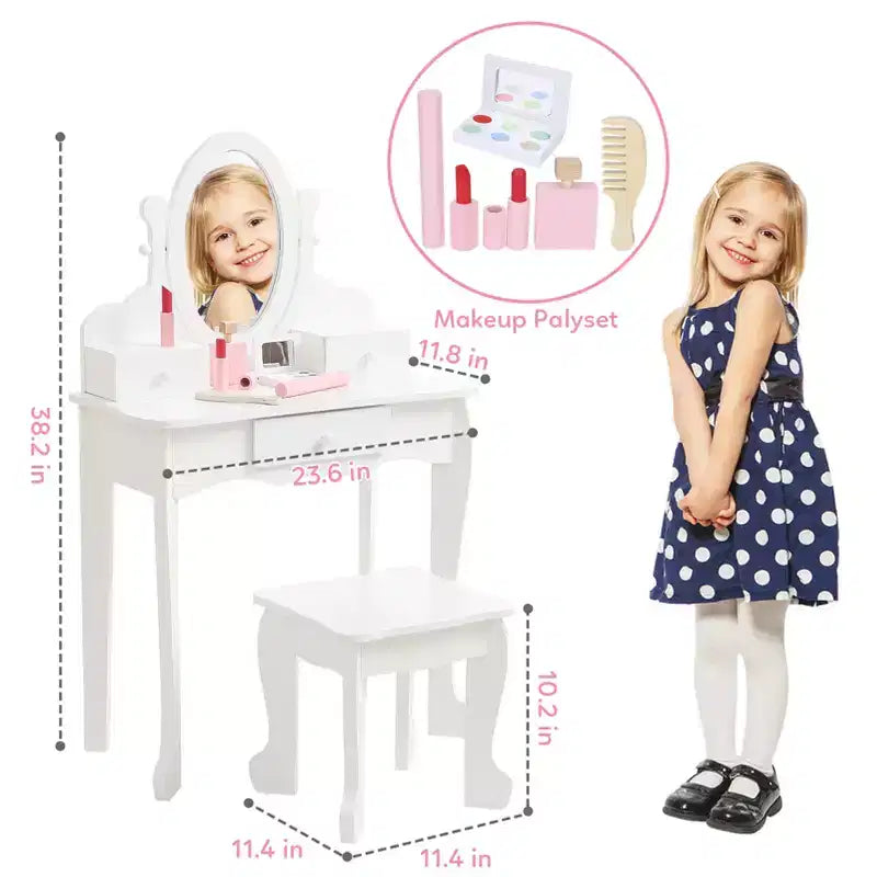 Coiffeuse Enfant avec Miroir et Tabouret, Table de Maquillage en Bois pour Filles de 4 à 9 Ans, Meuble de Chambre et Salle de Jeux pour Enfants