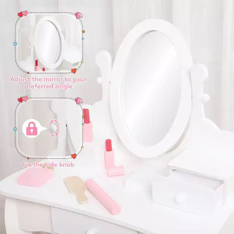 Coiffeuse Enfant avec Miroir et Tabouret, Table de Maquillage en Bois pour Filles de 4 à 9 Ans, Meuble de Chambre et Salle de Jeux pour Enfants