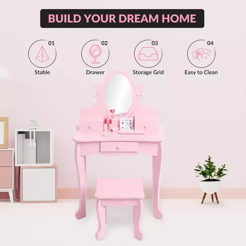 Coiffeuse Enfant avec Miroir et Tabouret, Table de Maquillage en Bois pour Filles de 4 à 9 Ans, Meuble de Chambre et Salle de Jeux pour Enfants