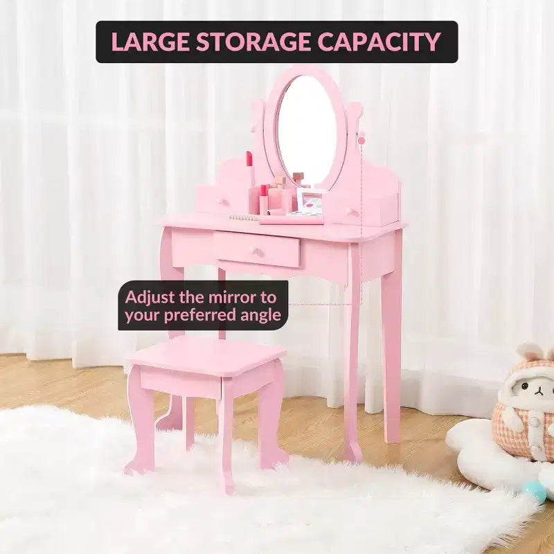 Coiffeuse Enfant avec Miroir et Tabouret, Table de Maquillage en Bois pour Filles de 4 à 9 Ans, Meuble de Chambre et Salle de Jeux pour Enfants