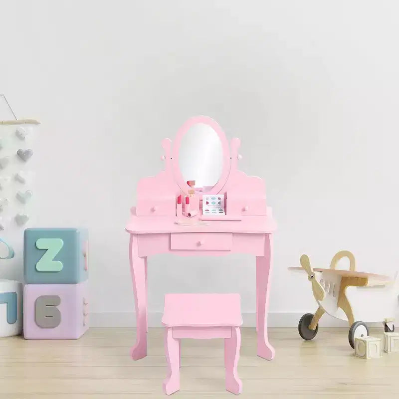 Coiffeuse Enfant avec Miroir et Tabouret, Table de Maquillage en Bois pour Filles de 4 à 9 Ans, Meuble de Chambre et Salle de Jeux pour Enfants