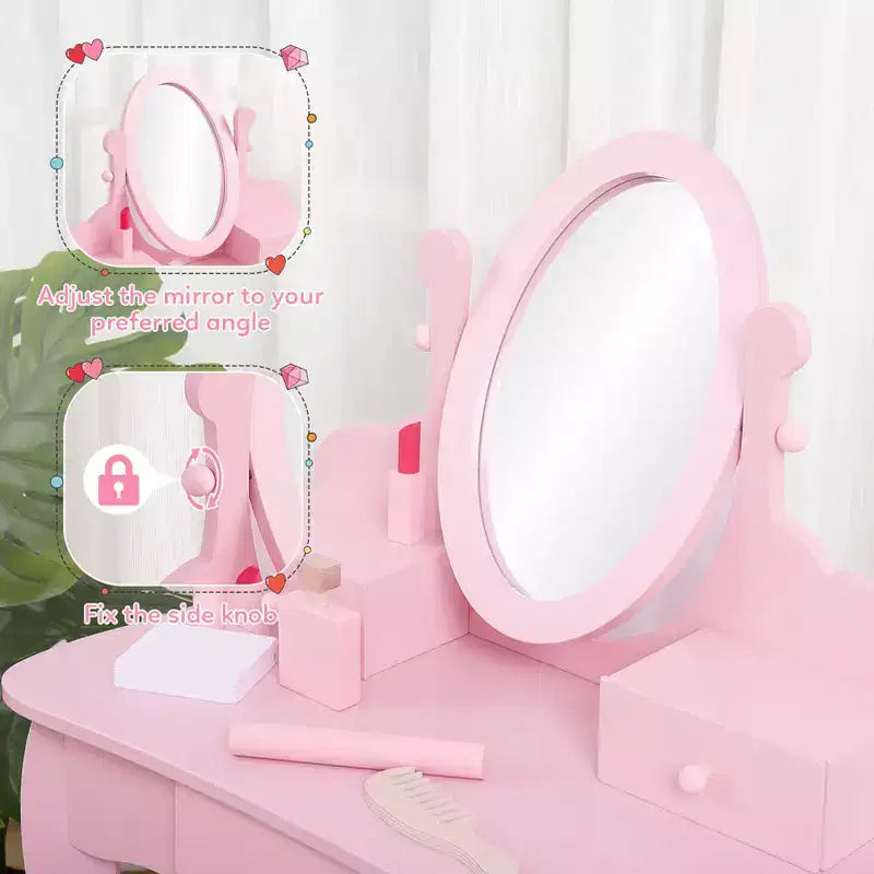 Coiffeuse Enfant avec Miroir et Tabouret, Table de Maquillage en Bois pour Filles de 4 à 9 Ans, Meuble de Chambre et Salle de Jeux pour Enfants