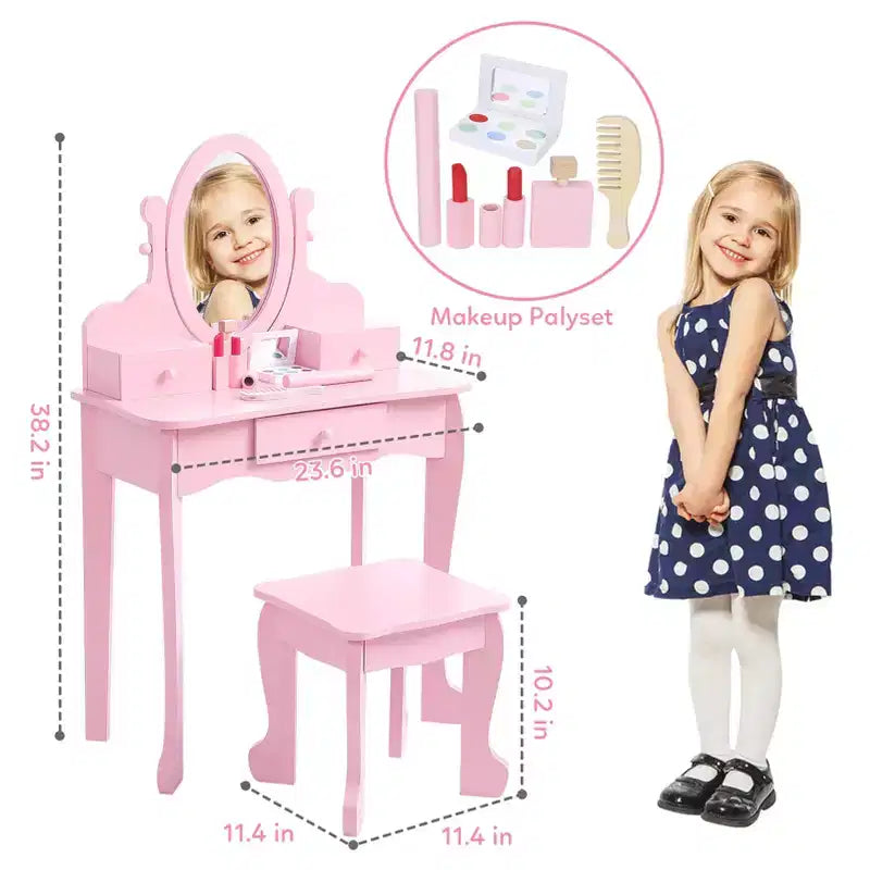 Coiffeuse Enfant avec Miroir et Tabouret, Table de Maquillage en Bois pour Filles de 4 à 9 Ans, Meuble de Chambre et Salle de Jeux pour Enfants