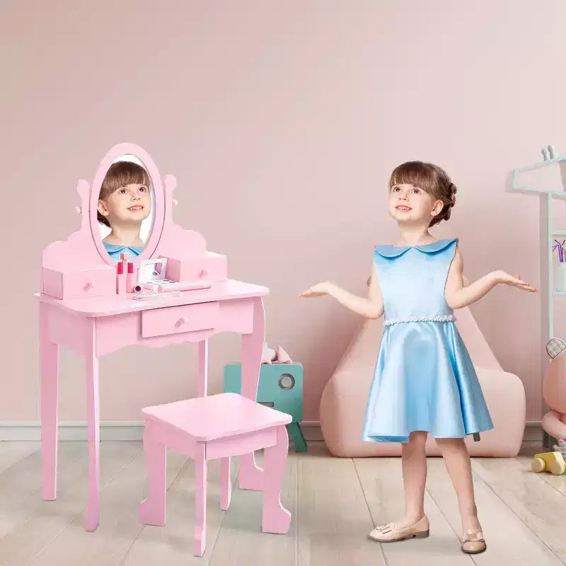 Kids Vanity Set with Mirror and Stool Wooden Makeup Table for Girls Ages 4 to 9 Kids Vanities Dress Up Playset for Bedroom and Playroom Furniture