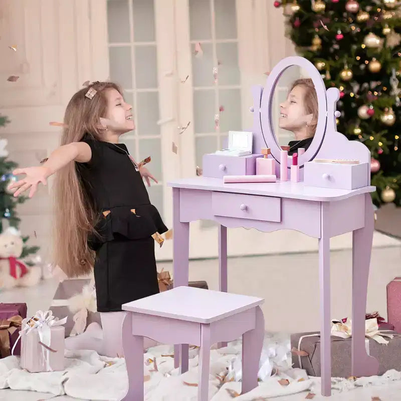 Coiffeuse Enfant avec Miroir et Tabouret, Table de Maquillage en Bois pour Filles de 4 à 9 Ans, Meuble de Chambre et Salle de Jeux pour Enfants