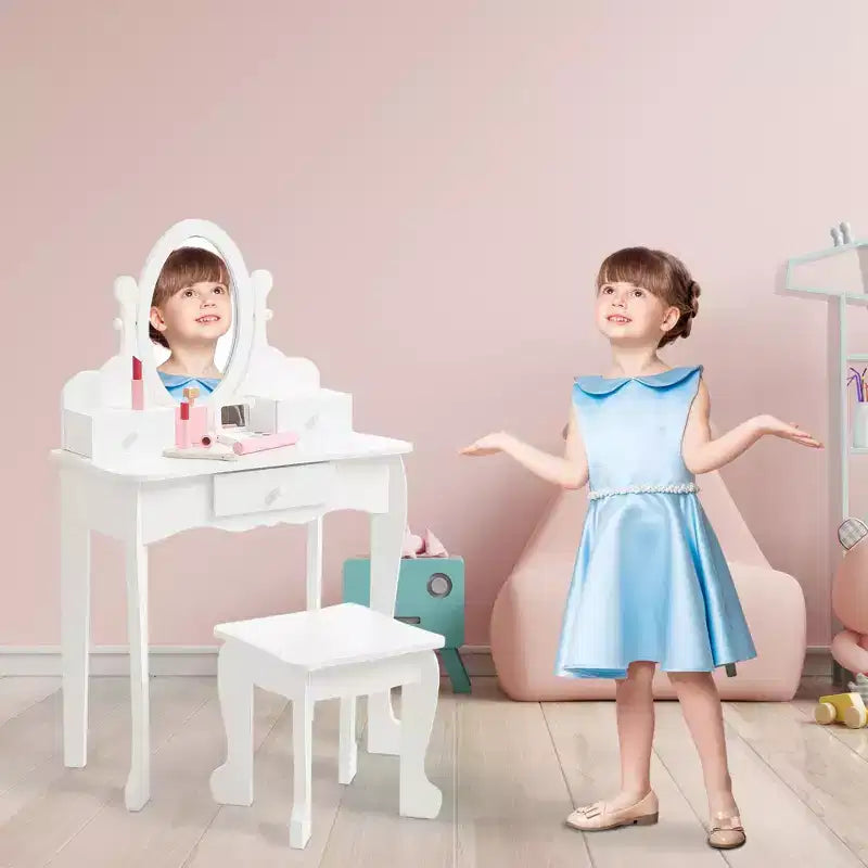 Coiffeuse Enfant avec Miroir et Tabouret, Table de Maquillage en Bois pour Filles de 4 à 9 Ans, Meuble de Chambre et Salle de Jeux pour Enfants