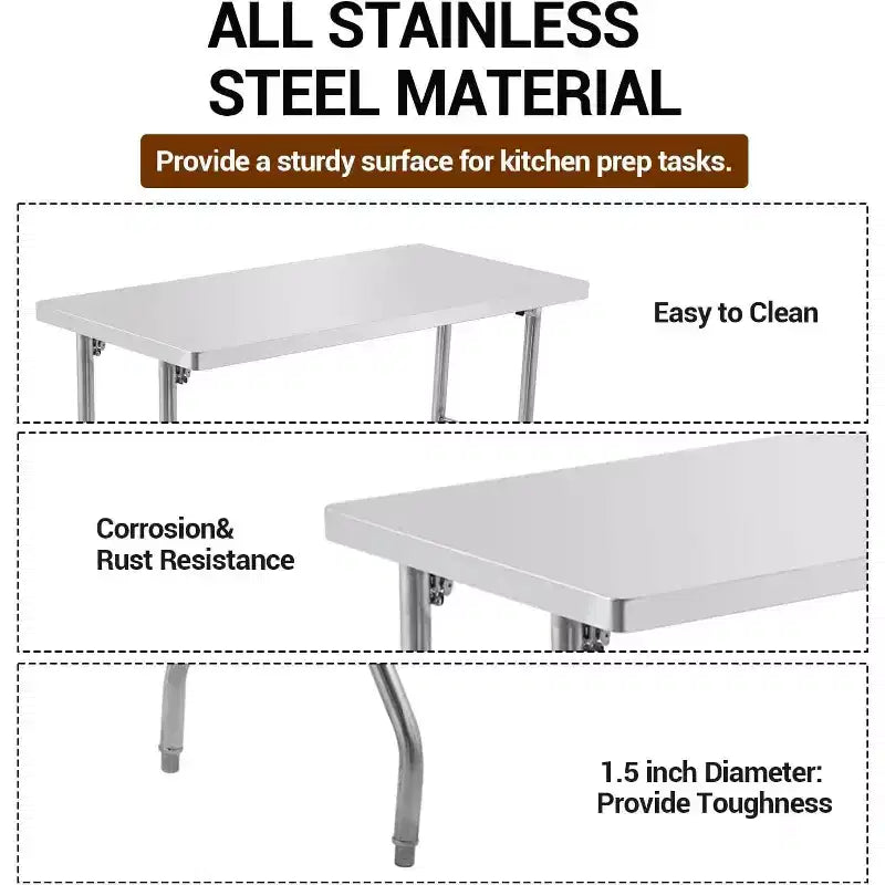 Table de travail commerciale 60 pouces, poste de travail, table pliante en acier inoxydable avec pied de réglage en métal