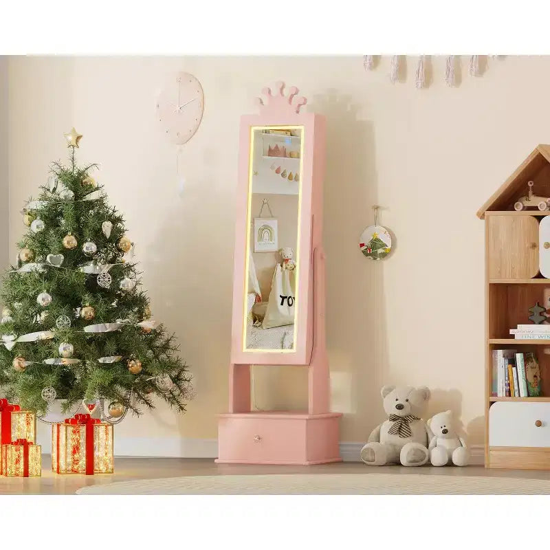 Armoire à bijoux pour enfants avec miroir pleine longueur, organiseur à bijoux autoportant de 46 pouces avec tiroirs de rangement, meuble à bijoux pour enfants