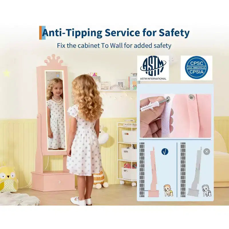Armoire à bijoux pour enfants avec miroir pleine longueur, organiseur à bijoux autoportant de 46 pouces avec tiroirs de rangement, meuble à bijoux pour enfants