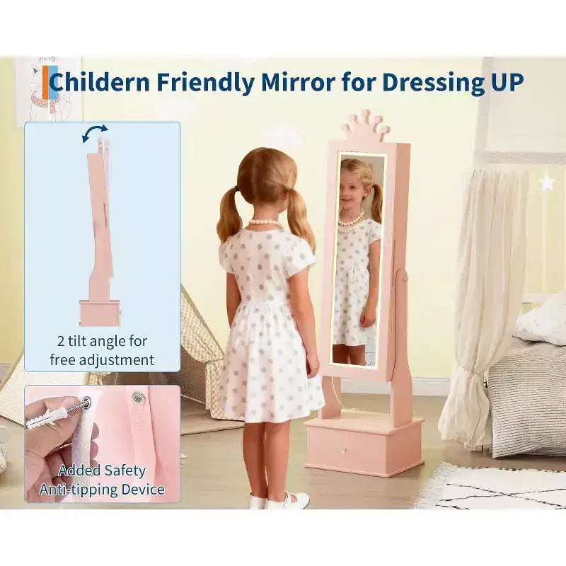 Armoire à bijoux pour enfants avec miroir pleine longueur, organiseur à bijoux autoportant de 46 pouces avec tiroirs de rangement, meuble à bijoux pour enfants