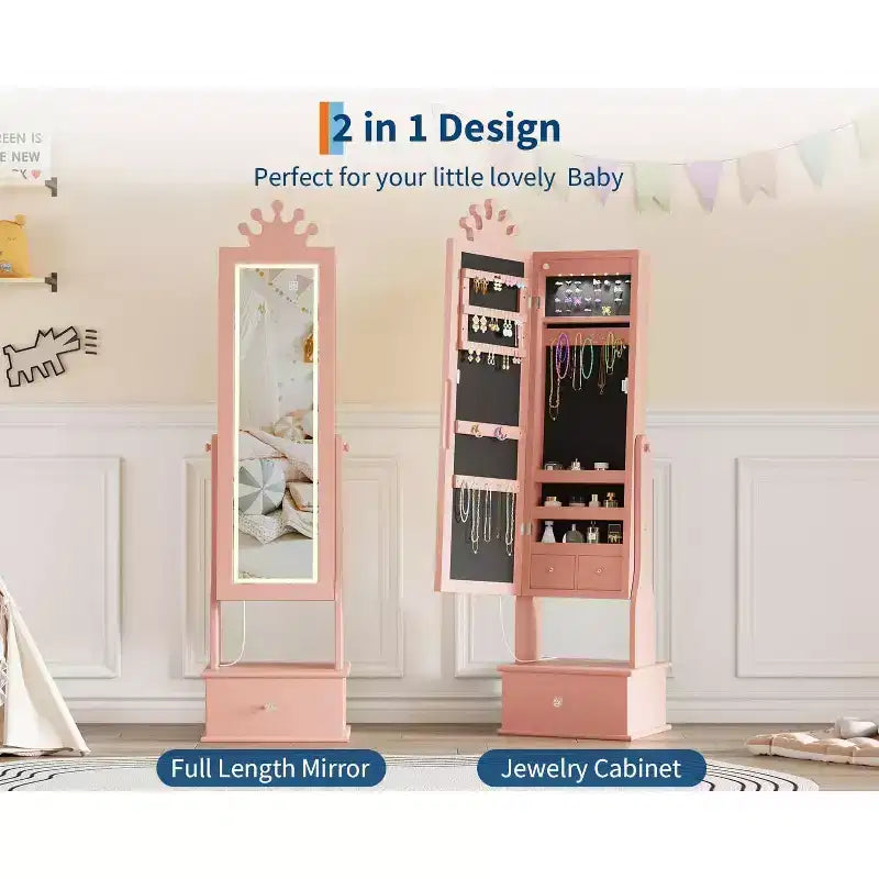 Armoire à bijoux pour enfants avec miroir pleine longueur, organiseur à bijoux autoportant de 46 pouces avec tiroirs de rangement, meuble à bijoux pour enfants