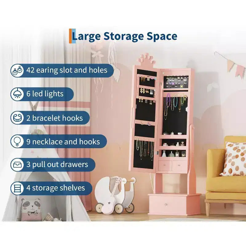 Armoire à bijoux pour enfants avec miroir pleine longueur, organiseur à bijoux autoportant de 46 pouces avec tiroirs de rangement, meuble à bijoux pour enfants