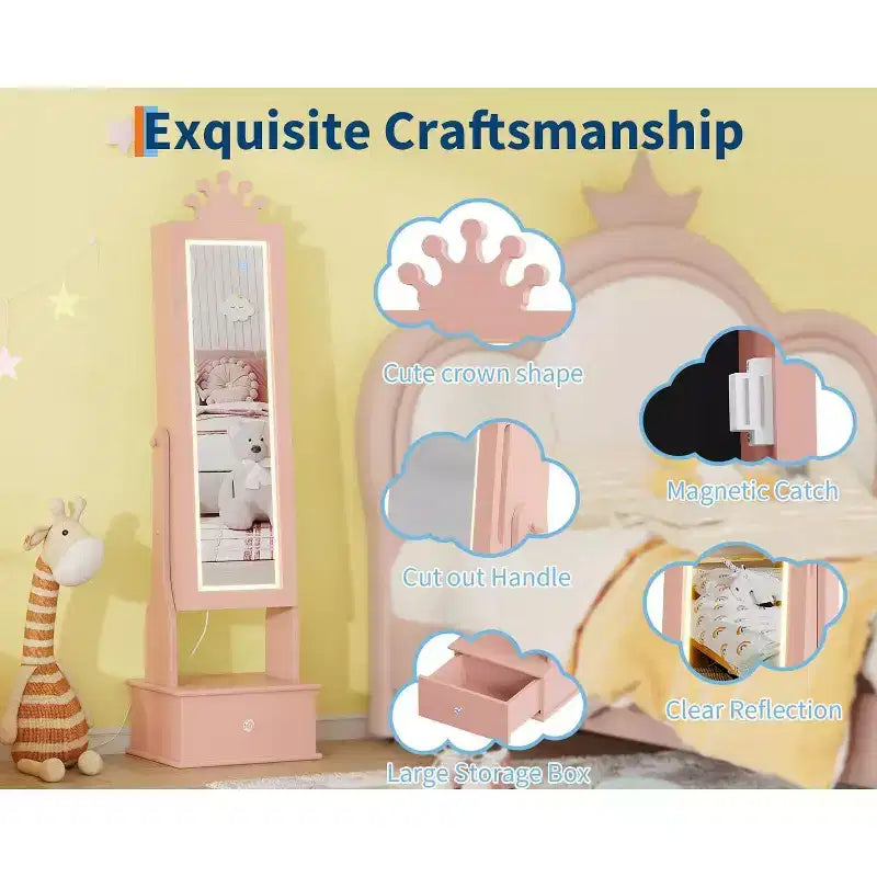 Armoire à bijoux pour enfants avec miroir pleine longueur, organiseur à bijoux autoportant de 46 pouces avec tiroirs de rangement, meuble à bijoux pour enfants