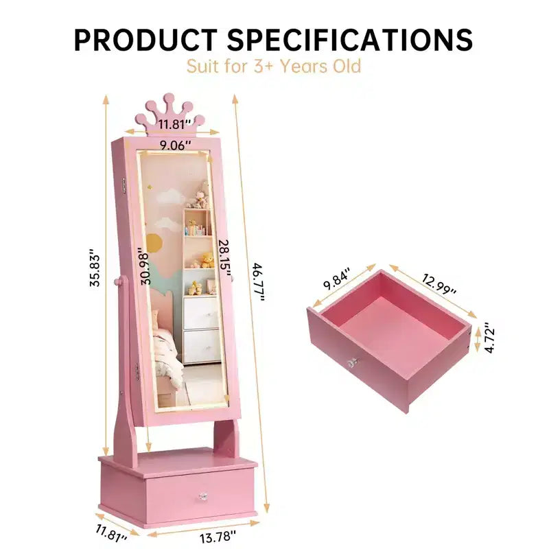Armoire à bijoux pour enfants avec miroir pleine longueur, organiseur à bijoux autoportant de 46 pouces avec tiroirs de rangement, meuble à bijoux pour enfants