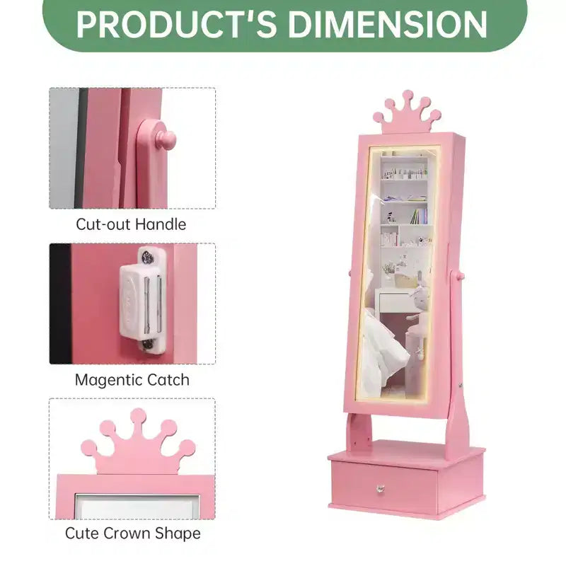 Armoire à bijoux pour enfants avec miroir pleine longueur, organiseur à bijoux autoportant de 46 pouces avec tiroirs de rangement, meuble à bijoux pour enfants