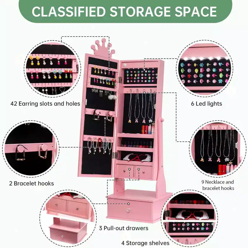 Armoire à bijoux pour enfants avec miroir pleine longueur, organiseur à bijoux autoportant de 46 pouces avec tiroirs de rangement, meuble à bijoux pour enfants