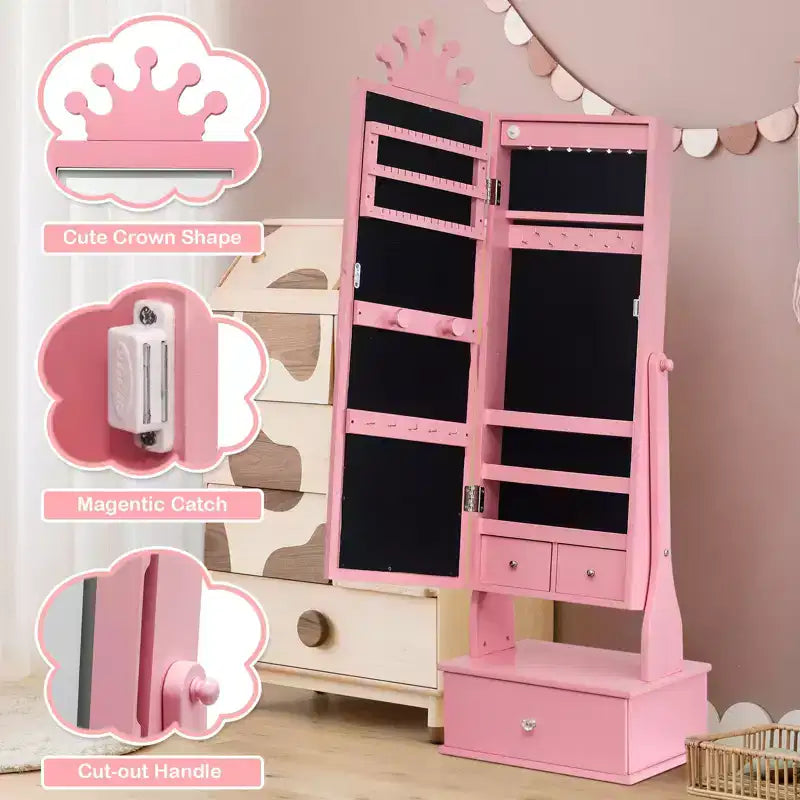 Armoire à bijoux pour enfants avec miroir pleine longueur, organiseur à bijoux autoportant de 46 pouces avec tiroirs de rangement, meuble à bijoux pour enfants