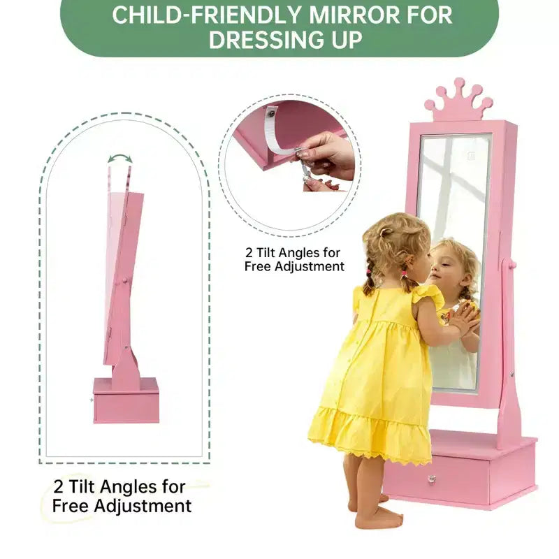 Armoire à bijoux pour enfants avec miroir pleine longueur, organiseur à bijoux autoportant de 46 pouces avec tiroirs de rangement, meuble à bijoux pour enfants