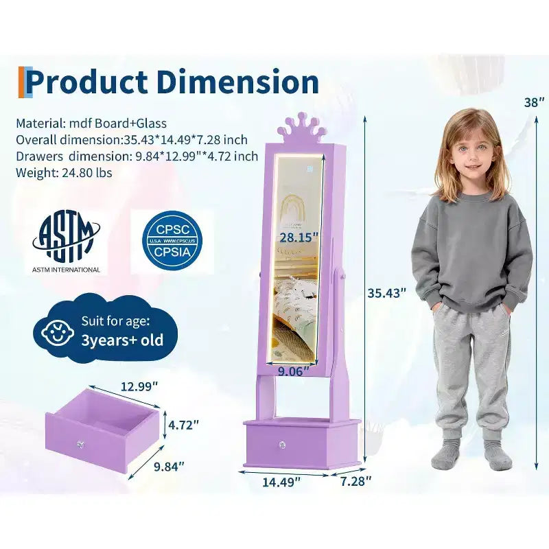 Armoire à bijoux pour enfants avec miroir pleine longueur, organiseur à bijoux autoportant de 46 pouces avec tiroirs de rangement, meuble à bijoux pour enfants
