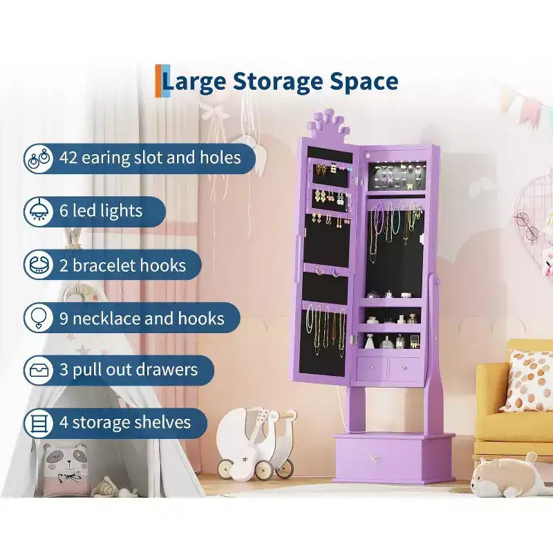 Armoire à bijoux pour enfants avec miroir pleine longueur, organiseur à bijoux autoportant de 46 pouces avec tiroirs de rangement, meuble à bijoux pour enfants