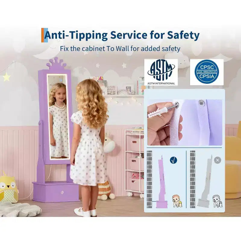 Armoire à bijoux pour enfants avec miroir pleine longueur, organiseur à bijoux autoportant de 46 pouces avec tiroirs de rangement, meuble à bijoux pour enfants