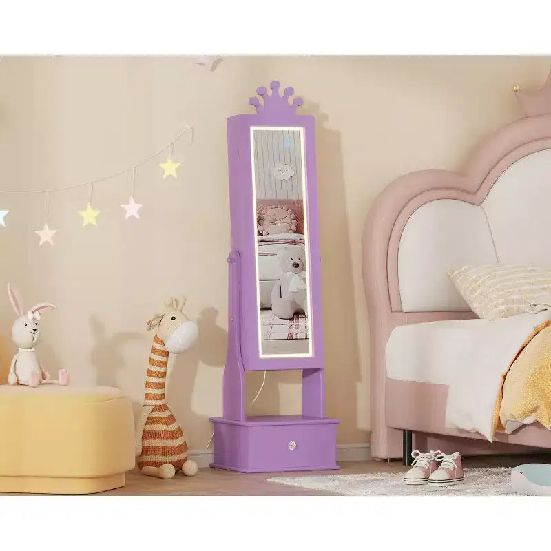 Armoire à bijoux pour enfants avec miroir pleine longueur, organiseur à bijoux autoportant de 46 pouces avec tiroirs de rangement, meuble à bijoux pour enfants