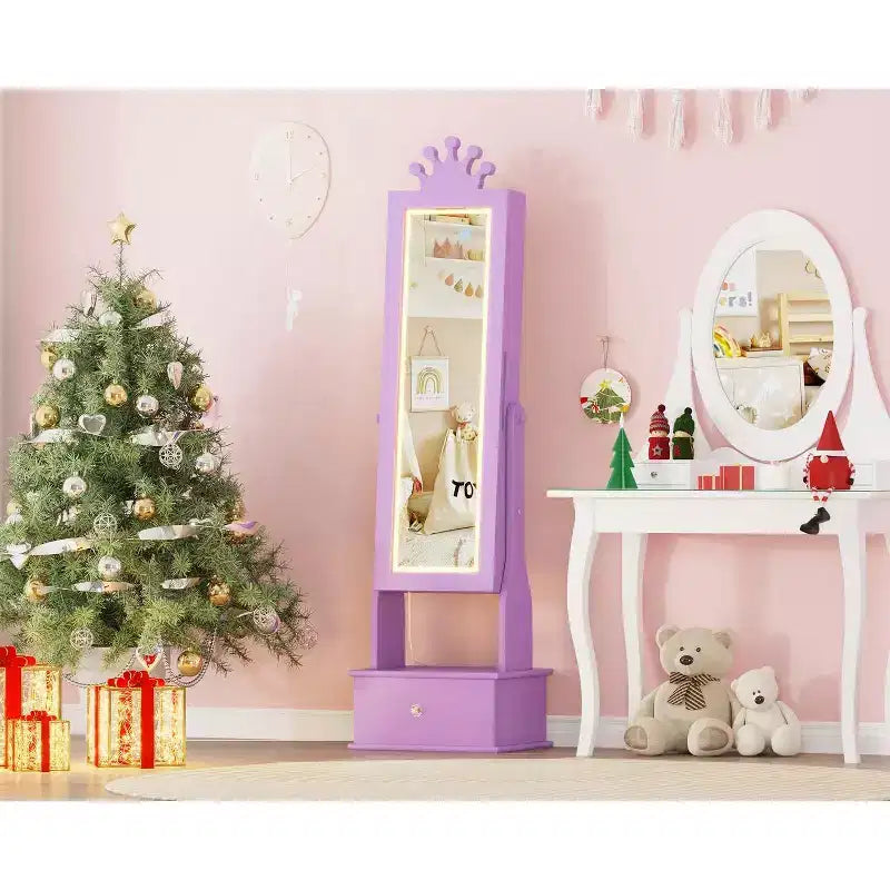 Armoire à bijoux pour enfants avec miroir pleine longueur, organiseur à bijoux autoportant de 46 pouces avec tiroirs de rangement, meuble à bijoux pour enfants
